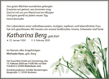 Traueranzeige von Katahrina Berg von vrm-trauer