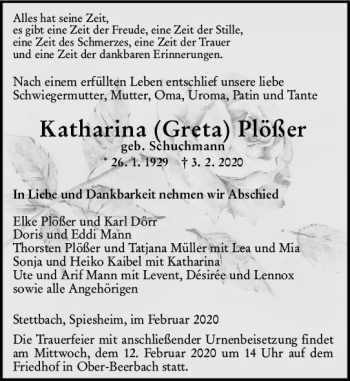 Traueranzeige von Katharina Plößer von vrm-trauer