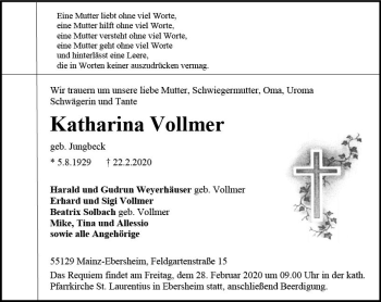 Traueranzeige von Katharina Vollmer von vrm-trauer