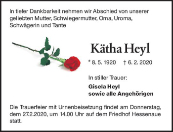Traueranzeige von Kätha Heyl von vrm-trauer