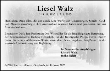 Traueranzeige von Liesel Walz von vrm-trauer