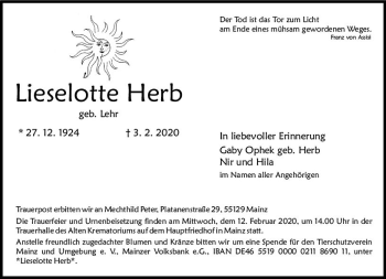 Traueranzeige von Lieselotte Herb von vrm-trauer