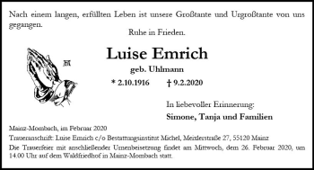 Traueranzeige von Luise Emrich von vrm-trauer