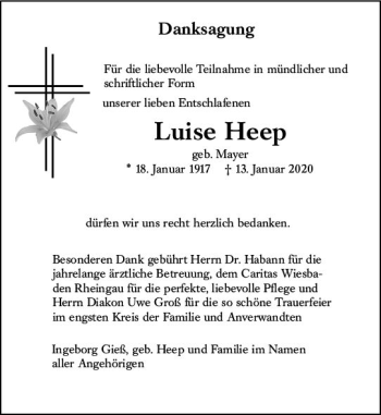 Traueranzeige von Luise Heep von vrm-trauer