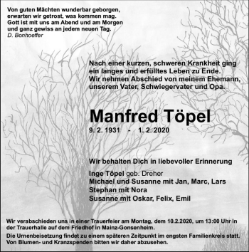 Traueranzeige von Manfred Töpel von vrm-trauer