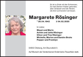 Traueranzeige von Margarete Rösinger von vrm-trauer