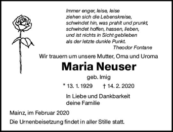 Traueranzeige von Maria Neuser von vrm-trauer