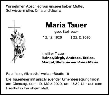 Traueranzeige von Maria Tauer von vrm-trauer