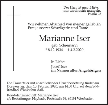 Traueranzeige von Marianne Iser von vrm-trauer