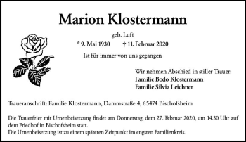 Traueranzeige von Marion Klostermann von vrm-trauer