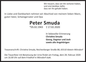 Traueranzeige von Peter Smuda von vrm-trauer