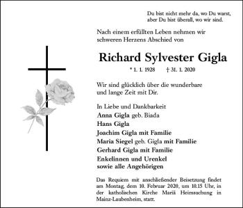 Traueranzeige von Richard Sylvester Gigla von vrm-trauer
