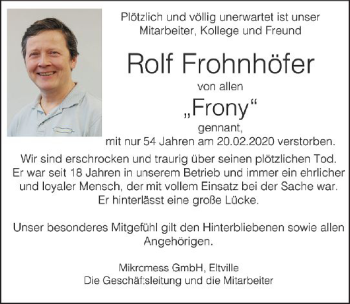 Traueranzeige von Rolf Frohnhöfer von vrm-trauer