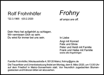 Traueranzeige von Rolf FrohnhöferFrohny von vrm-trauer