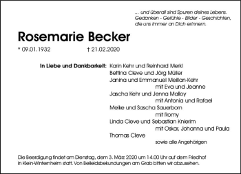 Traueranzeige von Rosemarie Becker von vrm-trauer