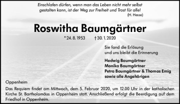 Traueranzeige von Roswitha Baumgärtner von vrm-trauer