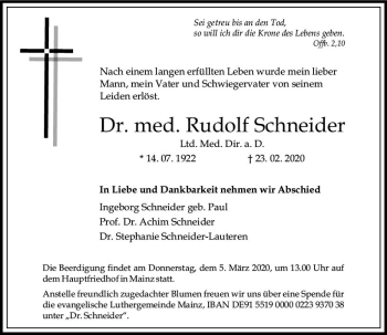 Traueranzeige von Rudolf Schneider von vrm-trauer