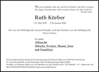 Traueranzeige von Ruth Körber von vrm-trauer