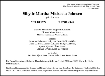 Traueranzeige von Sibylle Martha Michaela Johnsen von vrm-trauer