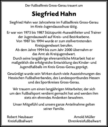 Traueranzeige von Siegfried Hahn von vrm-trauer
