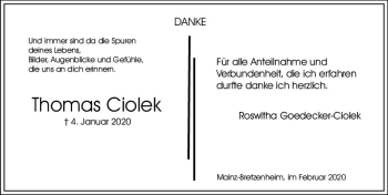 Traueranzeige von Thomas Ciolek von vrm-trauer
