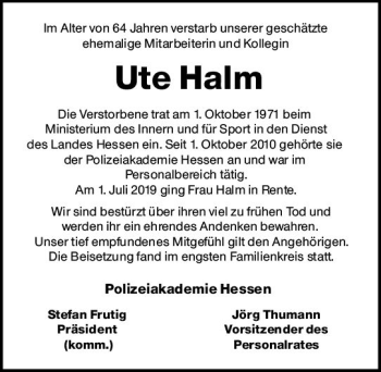 Traueranzeige von Ute Halm von vrm-trauer
