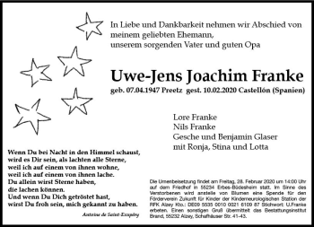 Traueranzeige von Uwe-Jens Joachim Franke von vrm-trauer