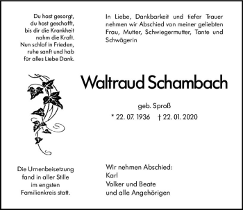 Traueranzeige von Waltraud Schambach von vrm-trauer