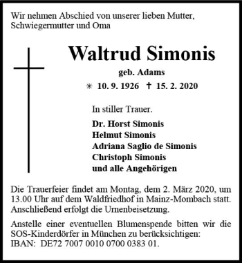 Traueranzeige von Waltrud Simonis von vrm-trauer