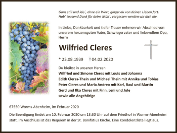 Traueranzeige von Wilfried Cleres von vrm-trauer