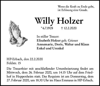 Traueranzeige von Willy Holzer von vrm-trauer