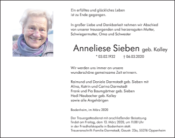 Traueranzeige von Anneliese Sieben 