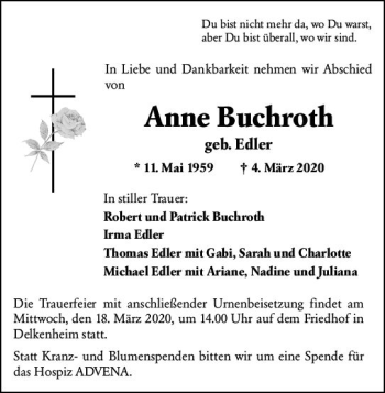 Traueranzeige von Anne Buchroth von vrm-trauer