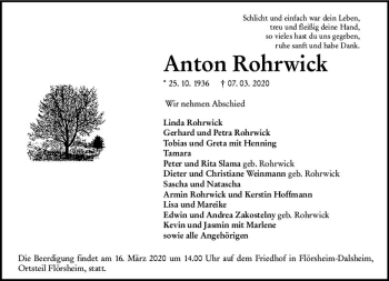 Traueranzeige von Anton Rohrwick von vrm-trauer