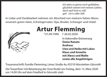 Traueranzeige von Artur Flemming von vrm-trauer