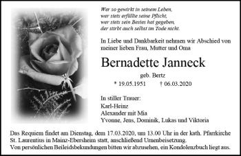 Traueranzeige von Bernadette Janneck von vrm-trauer