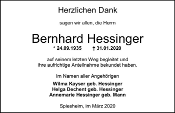 Traueranzeige von Bernhard Hessinger von vrm-trauer