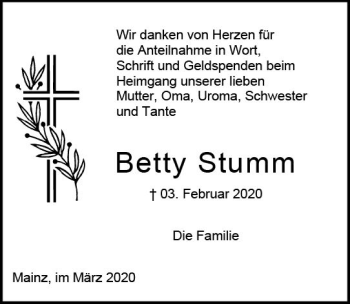 Traueranzeige von Betty Stumm von vrm-trauer