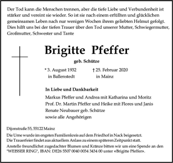 Traueranzeige von Brigitte Pfeffer von vrm-trauer