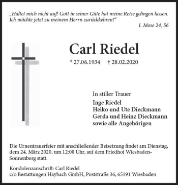 Traueranzeige von Carl Riedel von vrm-trauer