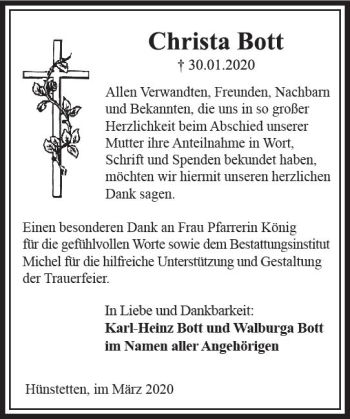 Traueranzeige von Christa Bott von vrm-trauer