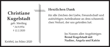 Traueranzeige von Christiane Kugelstadt von vrm-trauer