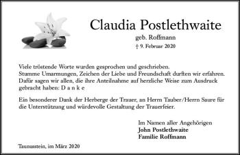 Traueranzeige von Claudia Postlethwaite von vrm-trauer