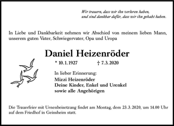 Traueranzeige von Daniel Heizenröder von vrm-trauer