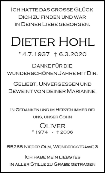 Traueranzeige von Dieter Hohl von vrm-trauer
