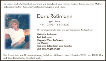 Traueranzeige von Doris Roßmann von vrm-trauer