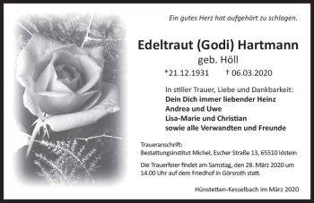 Traueranzeige von Edeltraut  Hartmann von vrm-trauer