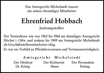 Traueranzeige von Ehrenfried Hobbach von vrm-trauer
