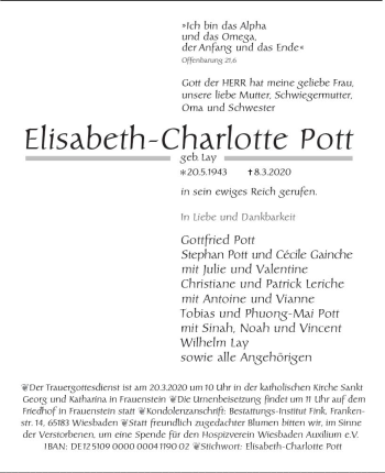 Traueranzeige von Elisabeth-Charlotte Pott von vrm-trauer