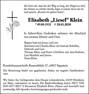 Traueranzeige von Elisabeth Klein von vrm-trauer